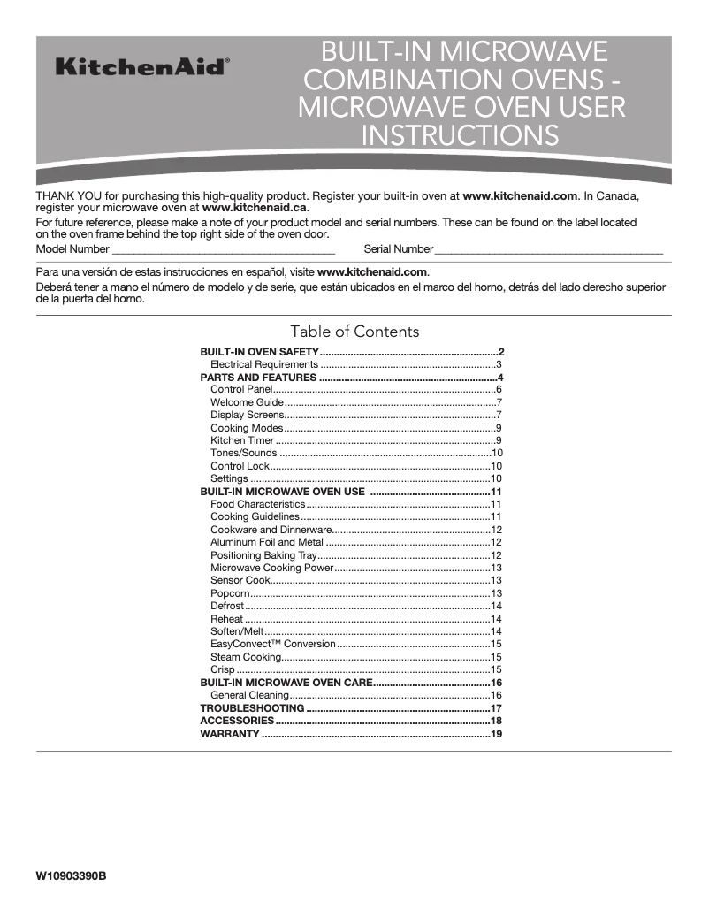 Page 1 de la notice Manuel d'utilisation et d'entretien KitchenAid KOCE900HBS
