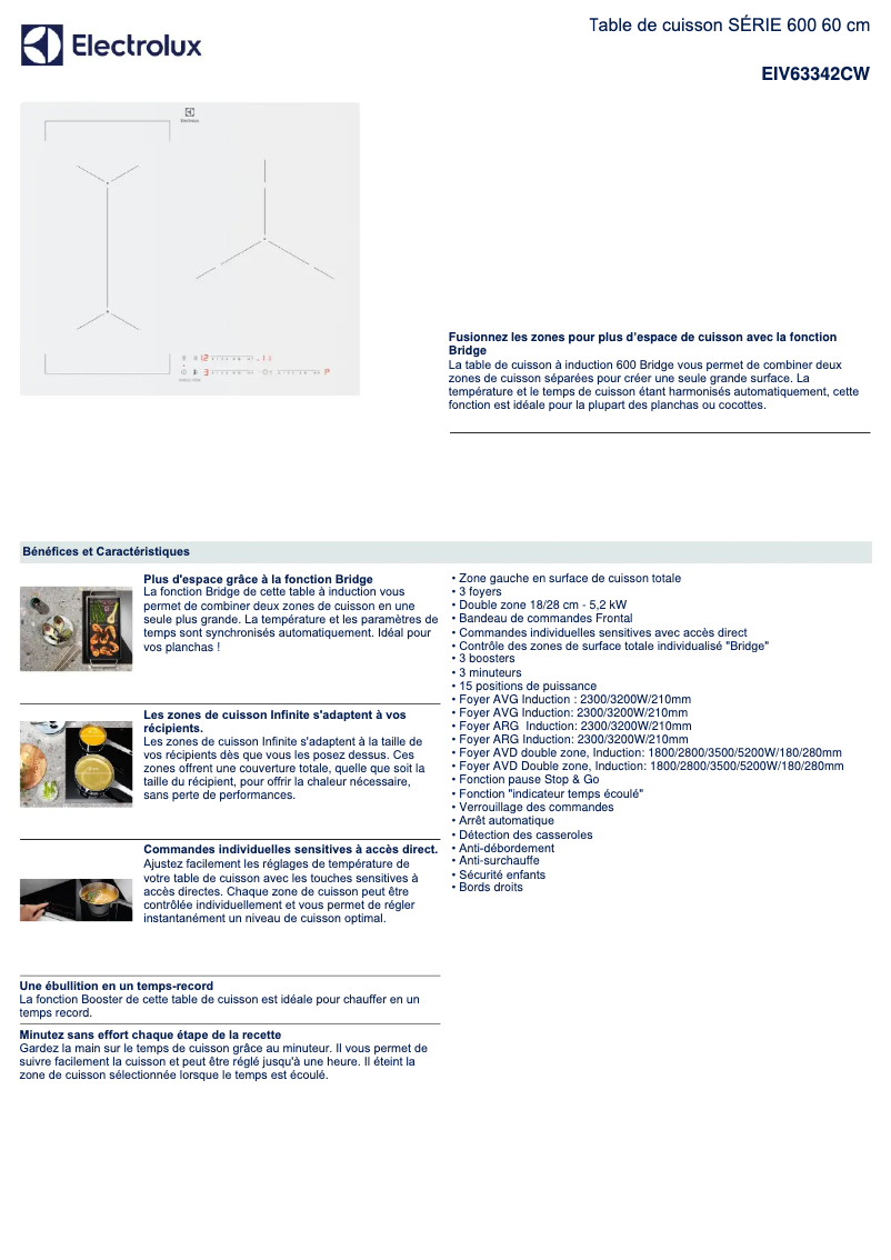Page 1 de la notice Fiche technique Electrolux EIV63342CW