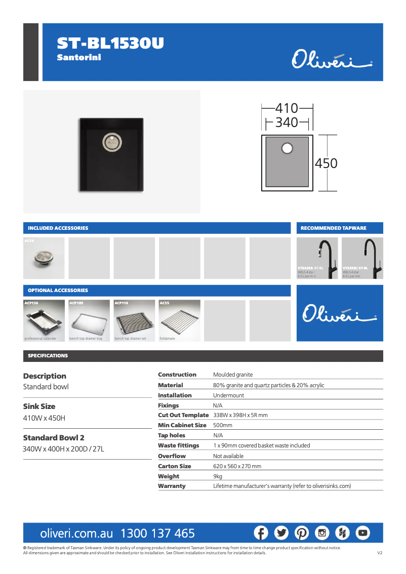 Page 1 de la notice Fiche technique Oliveri ST-BL1530U