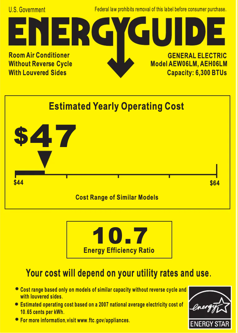 Page 1 de la notice Label énergétique GE AEH06LM