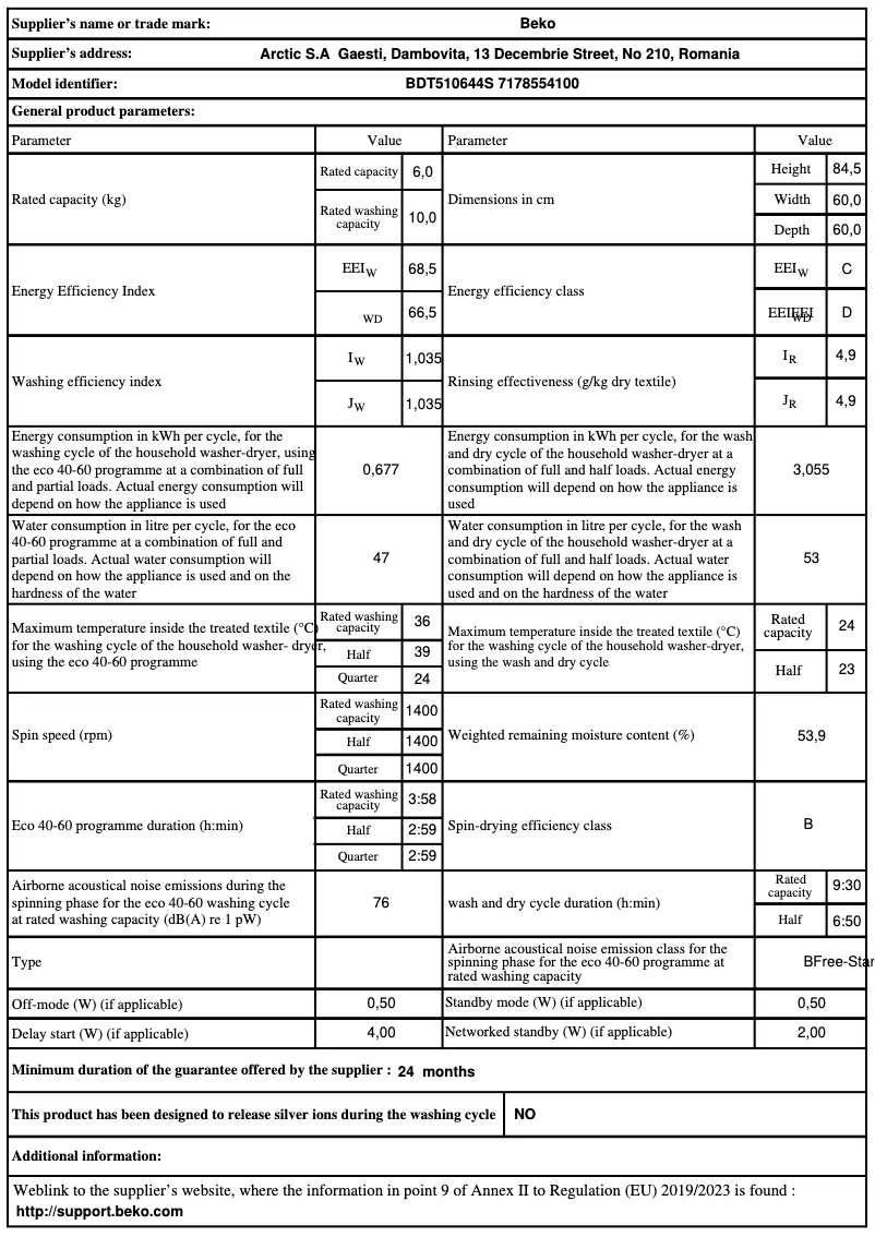 Page 1 de la notice Fiche technique Beko BDT510644S
