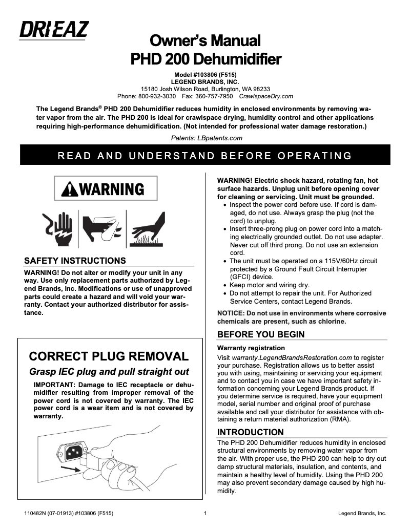 Page 1 de la notice Manuel utilisateur Dri Eaz PHD 200
