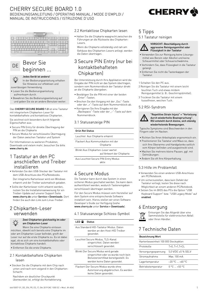 Page 1 de la notice Manuel utilisateur Cherry Secure Board 1.0