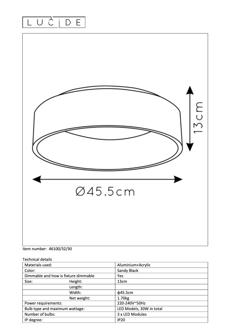 Page 1 de la notice Manuel utilisateur Lucide Talowe 46100/32/30