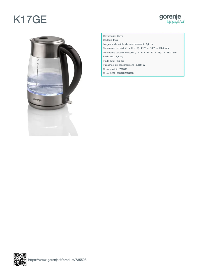 Page 1 de la notice Fiche technique Gorenje K17GE
