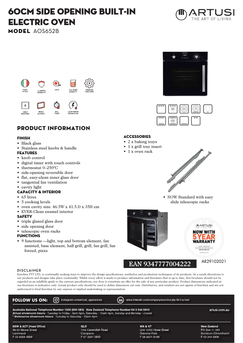 Page 1 de la notice Fiche technique Artusi AOS652B