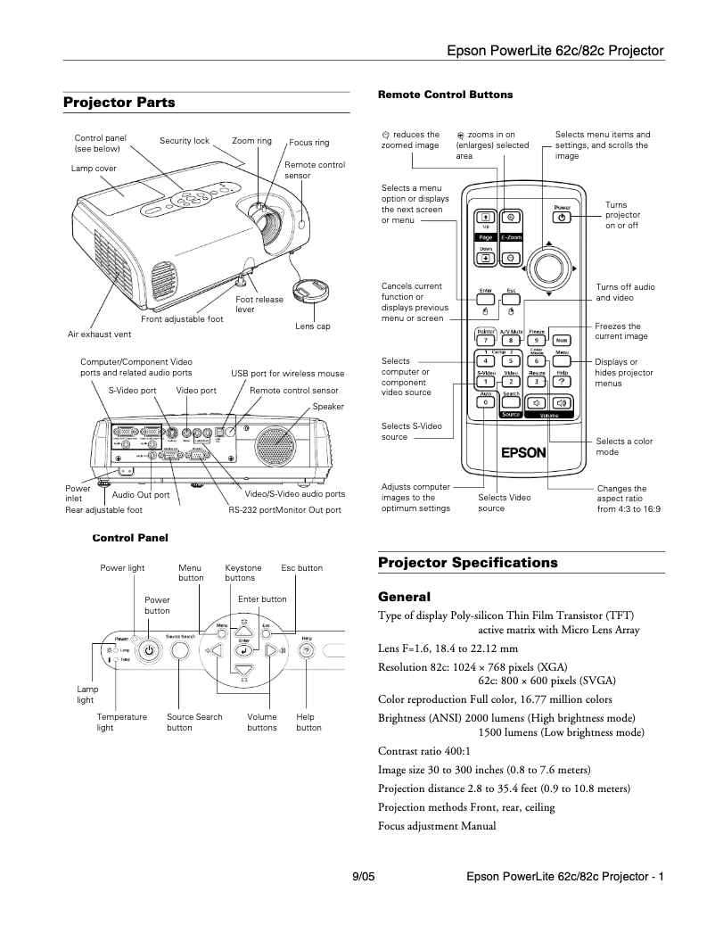 Imagen de la primera página del manual del dispositivo PowerLite 82c
