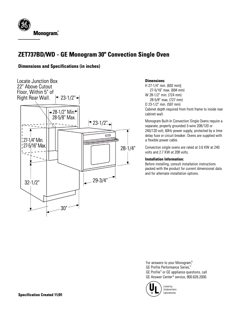 Page n°1 - Fiche technique GE ZET737BDBB