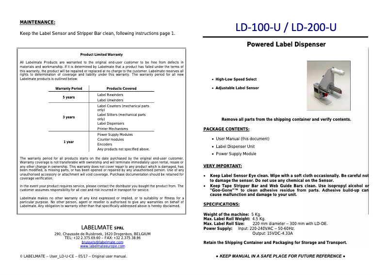 Page 1 de la notice Manuel utilisateur Labelmate LD-300-U-SS