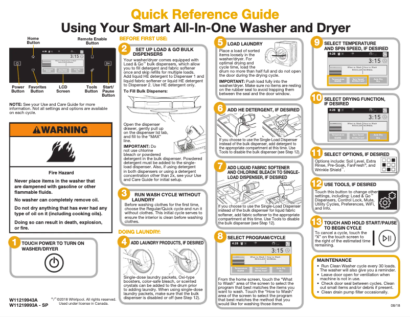 Page 1 de la notice Fiche technique Whirlpool WFW9620HW
