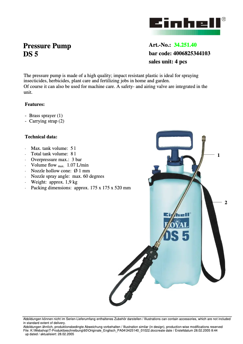 Page 1 de la notice Fiche technique Einhell DS 5