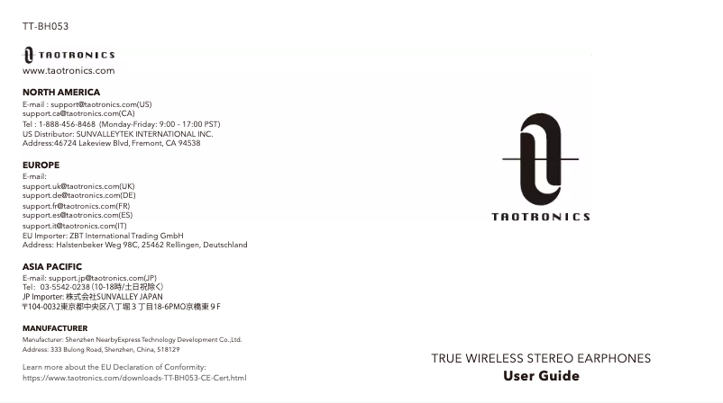 Page n°1 - Manuel utilisateur TaoTronics TT-BH053