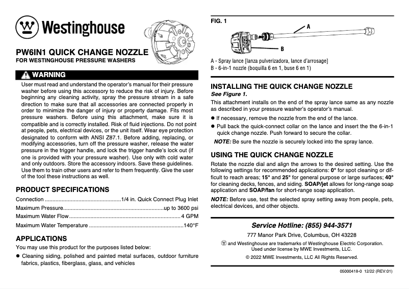 Page 1 de la notice Manuel utilisateur Westinghouse PW6IN1