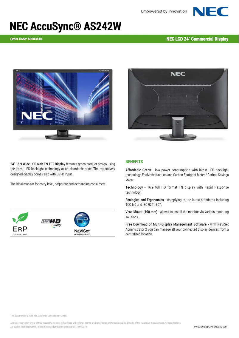 Page 1 de la notice Fiche technique NEC AccuSync AS242W