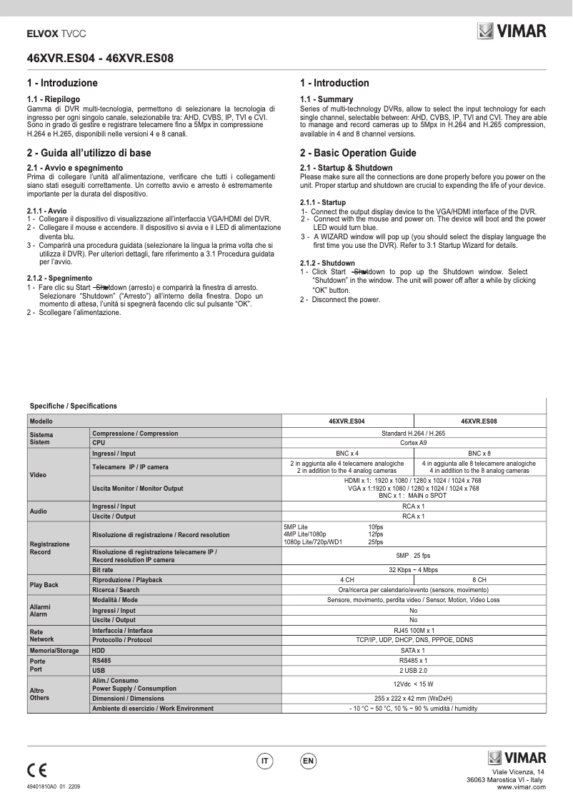 Page n°1 - Manuel utilisateur Vimar ELVOX 46XVR