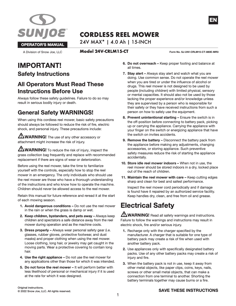 Page 1 de la notice Manuel utilisateur Sun Joe 24V-CRLM15-CT