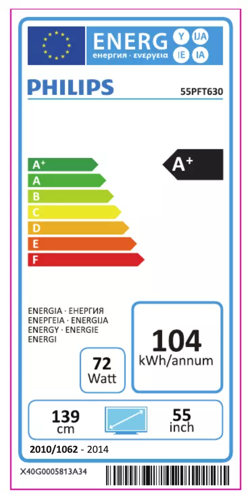 Page 1 de la notice Label énergétique Philips 55PFT630