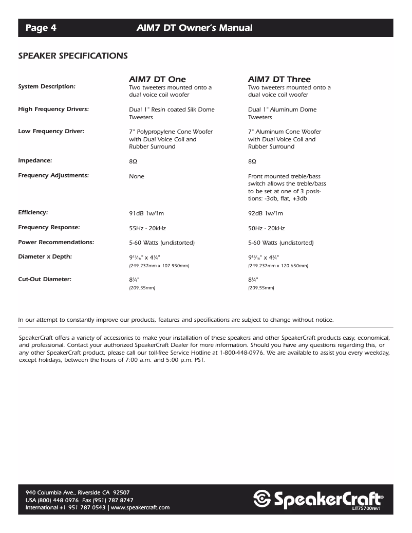 Page 1 de la notice Manuel utilisateur SpeakerCraft AIM7 DT One