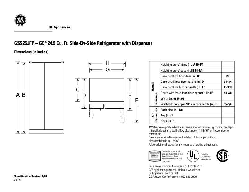 Page 1 of the manual Technical Sheet GE GSS25JFPBB