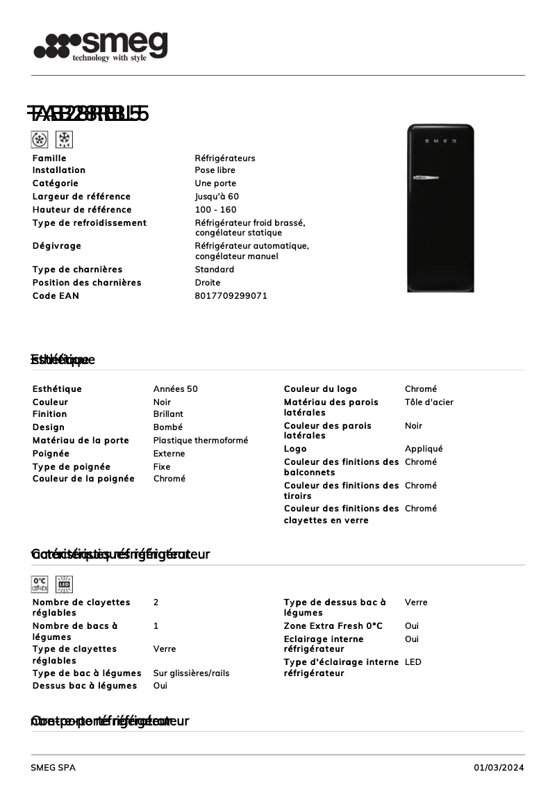 Page 1 de la notice Fiche technique Smeg FAB28RBL5