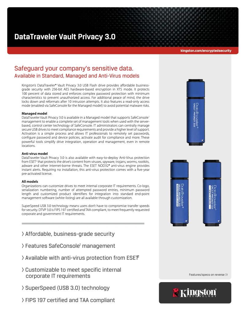 Page n°1 - Fiche technique Kingston DataTraveler Vault Privacy 3.0
