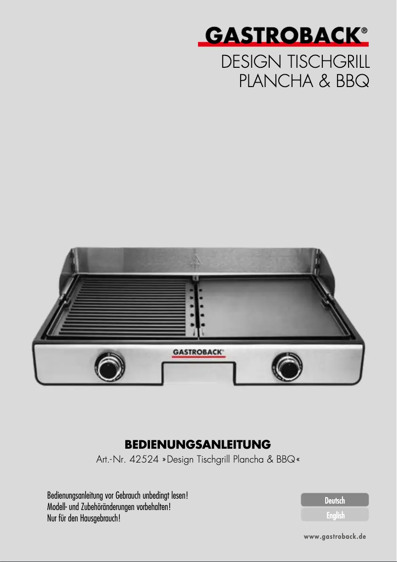 Page n°1 - Manuel utilisateur Gastroback Plancha & BBQ 42524