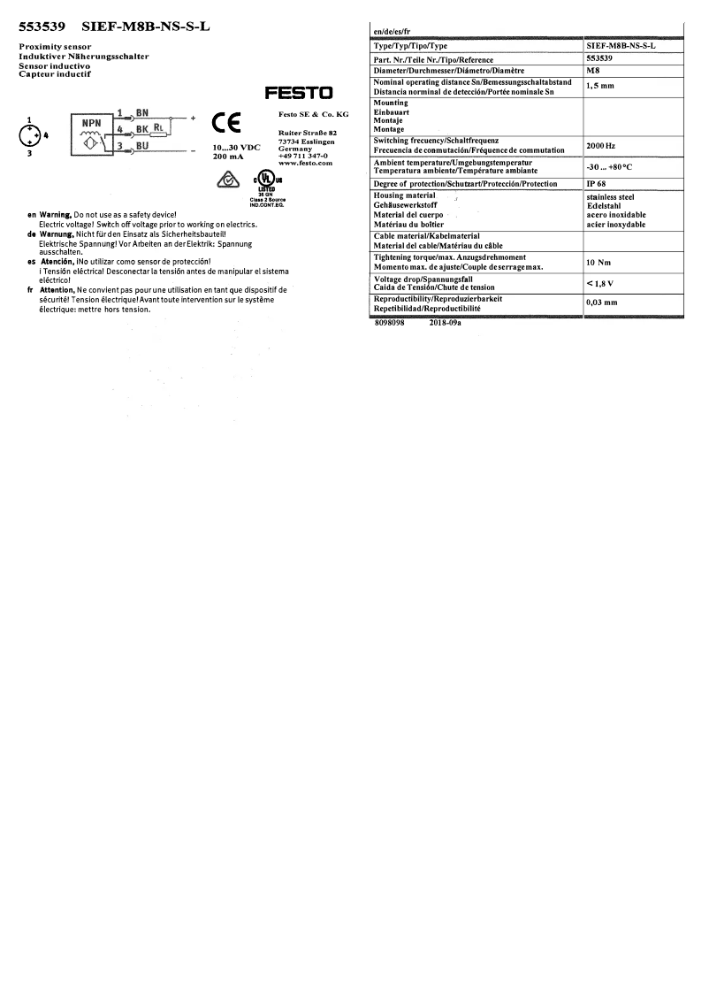 Page 1 de la notice Manuel utilisateur Festo SIEF-M8B-NS-S-L