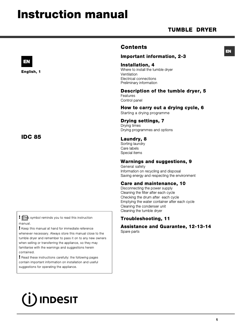 Page 1 de la notice Manuel utilisateur Indesit IDC85