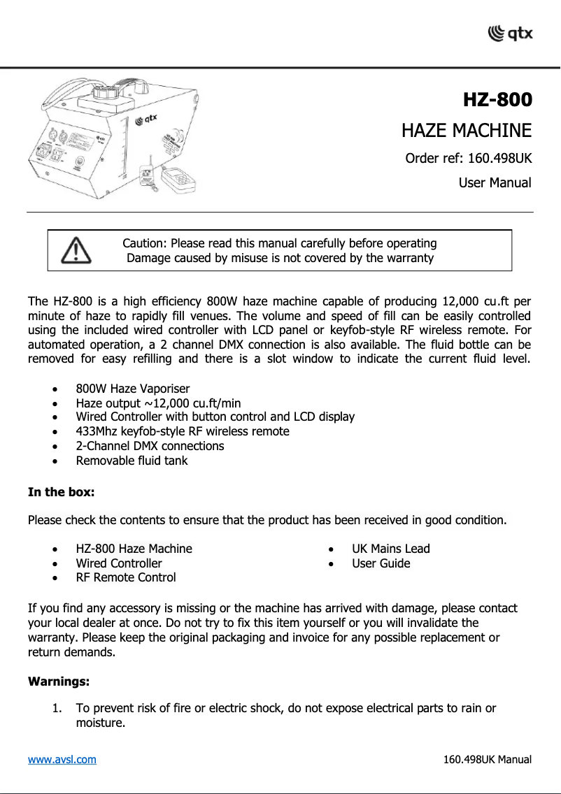 Page n°1 - Manuel utilisateur Qtx HZ-800