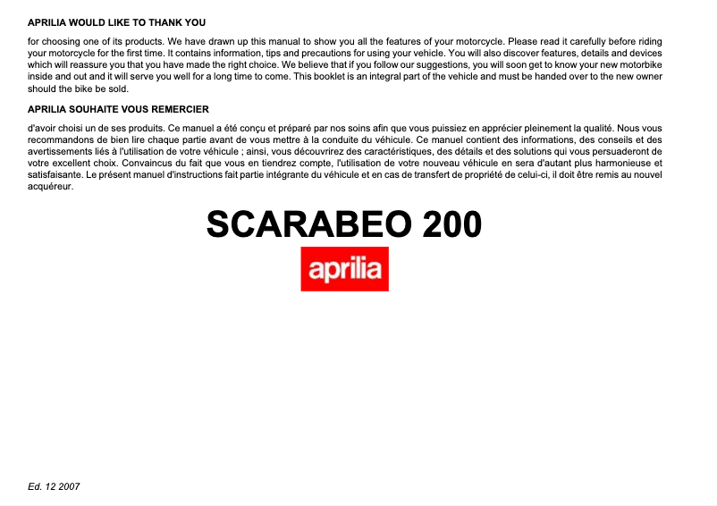 Page 1 de la notice Manuel utilisateur Aprilia Scarabeo 200 (2007)