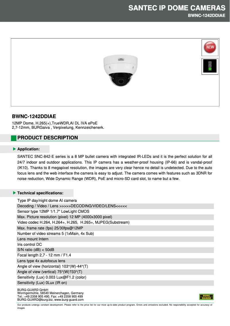 Page 1 de la notice Fiche technique Burg Wächter BWNC-1242DDIAe