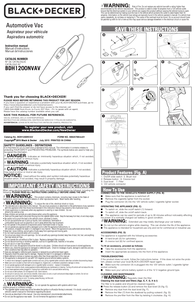 Page 1 de la notice Manuel utilisateur Black & Decker BDH1200NVAV
