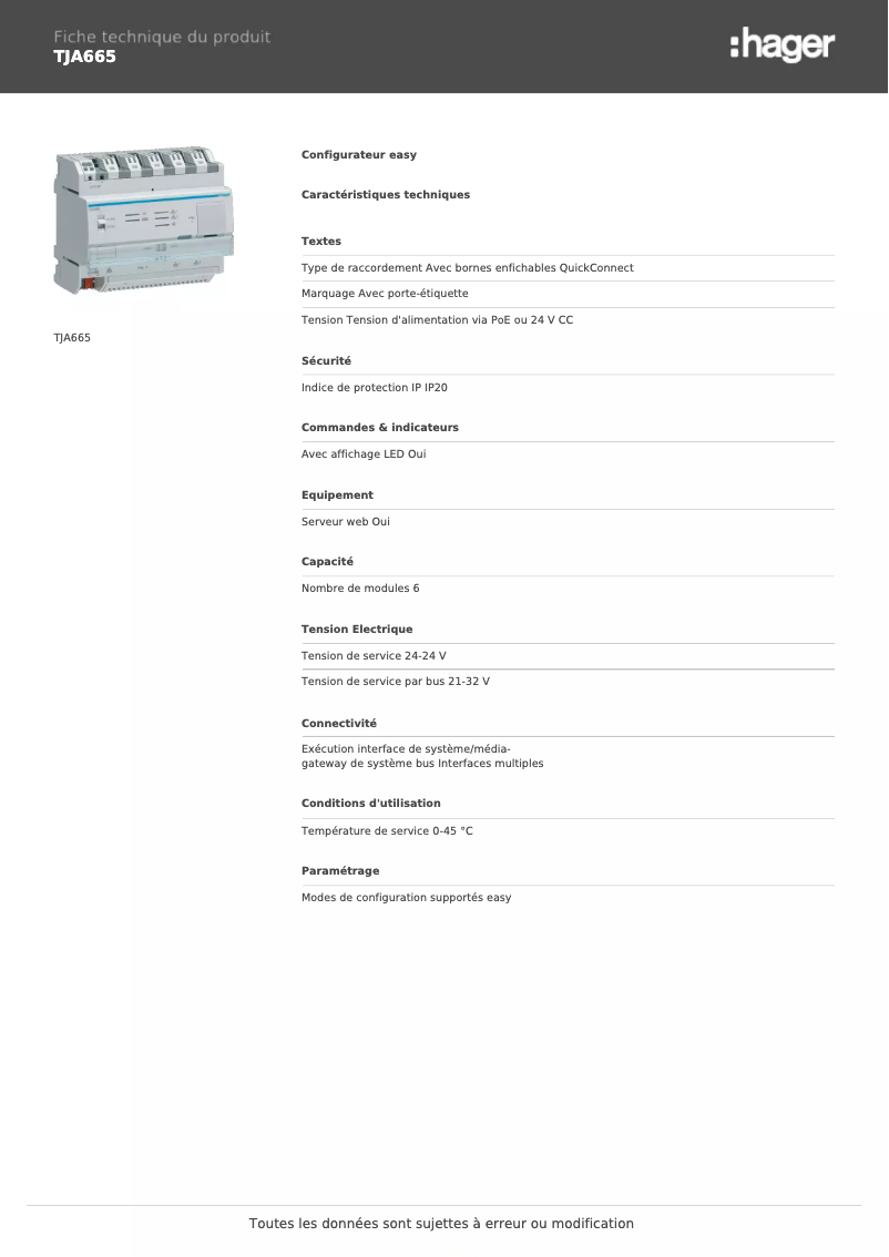 Page n°1 - Fiche technique Hager TJA665