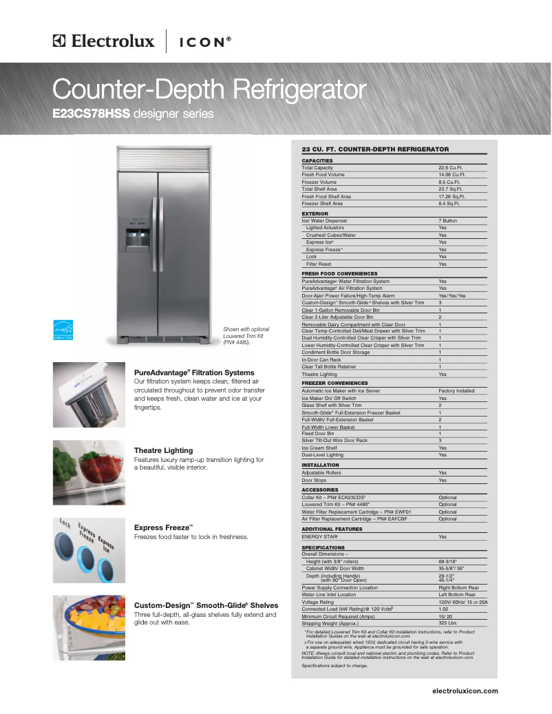 Page 1 de la notice Fiche technique Electrolux E23CS78HSS