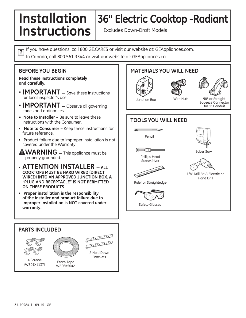 Page n°1 - Guide d'installation GE Profile PP7036DJBB