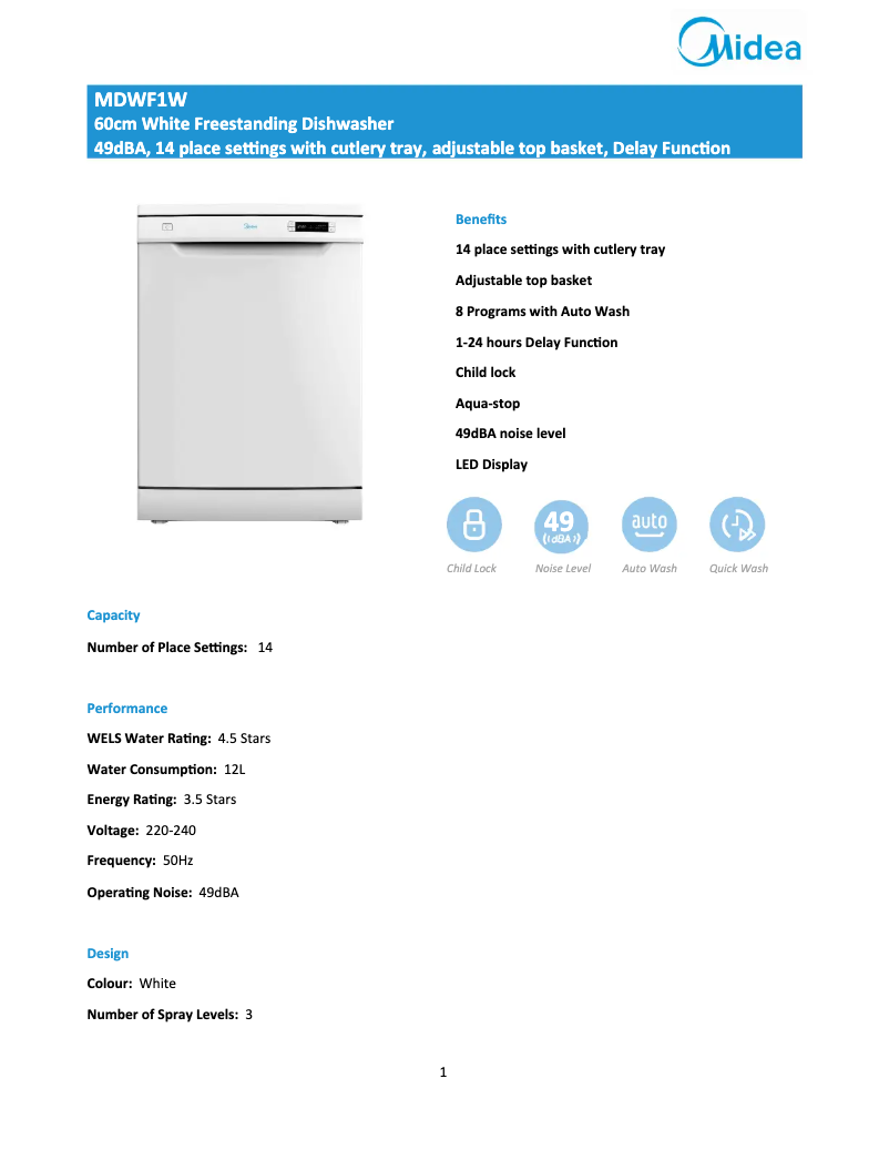 Page n°1 - Fiche technique Midea MDWF1W
