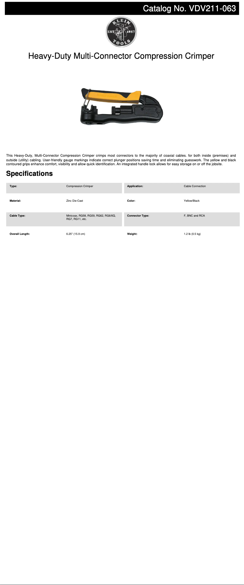 Page 1 de la notice Fiche technique Klein Tools VDV211-063