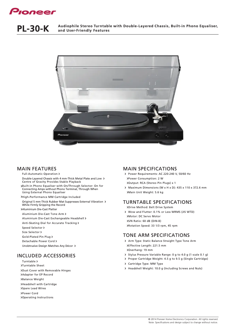 Página 1 del manual Ficha técnica Pioneer PL-30-K