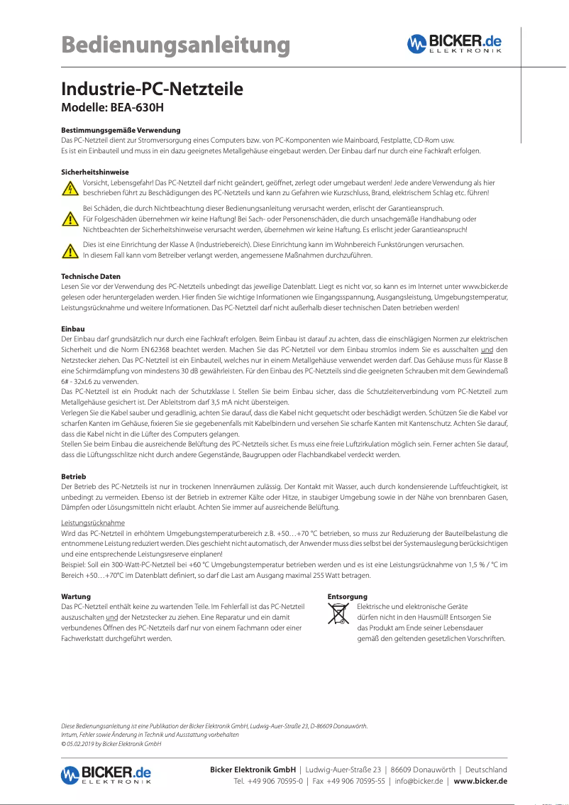 Page 1 de la notice Manuel utilisateur Bicker Elektronik BEA-630H