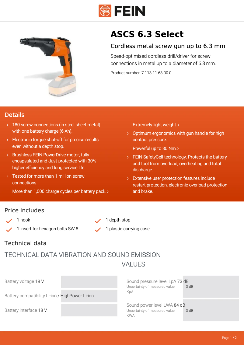Page n°1 - Fiche technique Fein ASCS 6.3 Select
