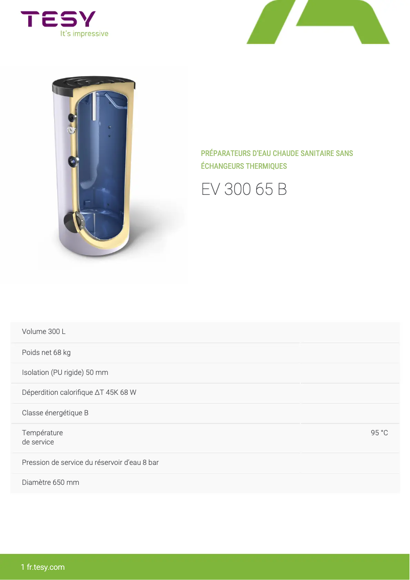 Page 1 de la notice Fiche technique Tesy EV 300 65 B