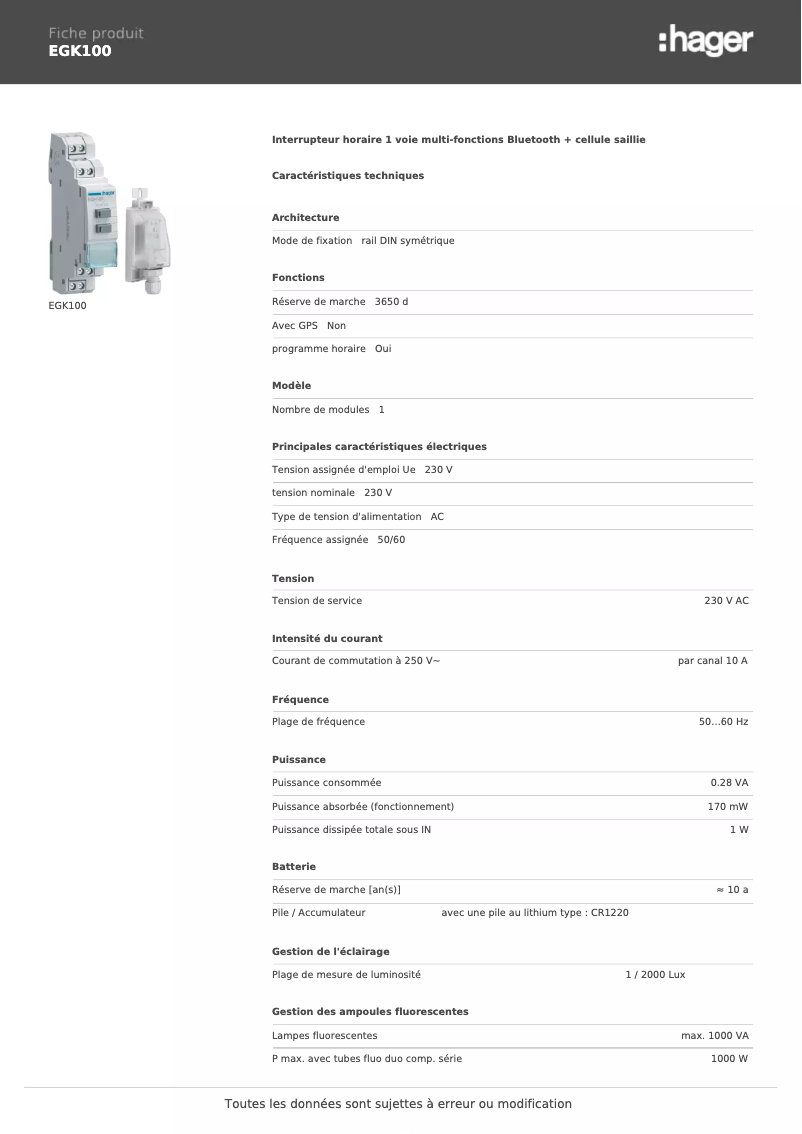 Page 1 de la notice Fiche technique Hager EGK100