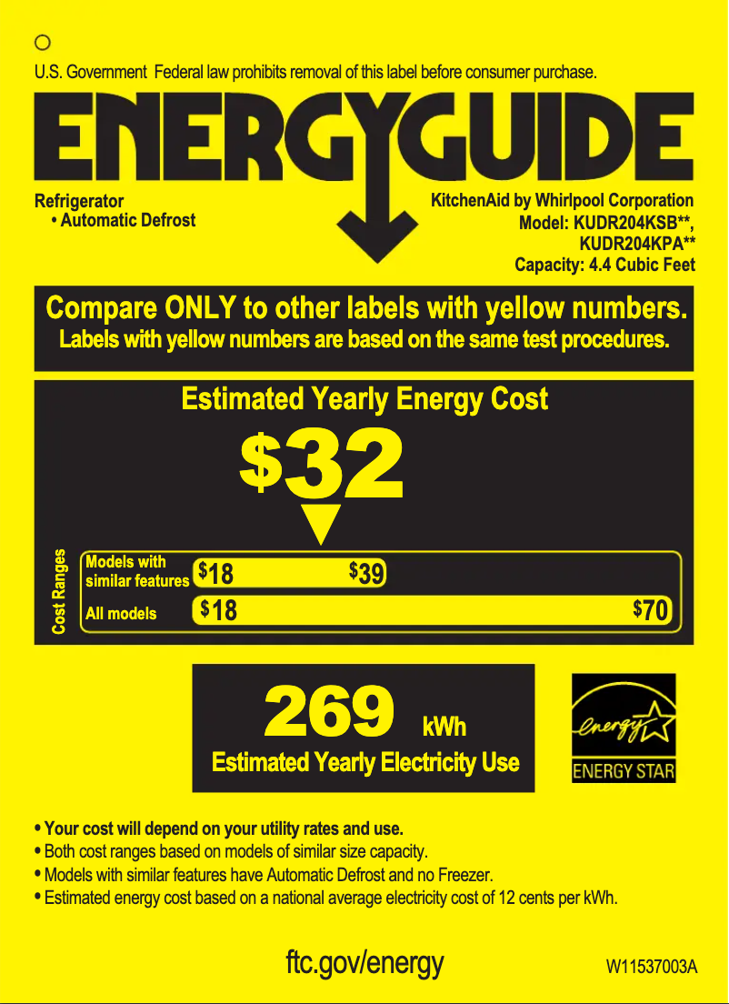 Página 1 del manual Etiqueta energética KitchenAid KUDR204KPA