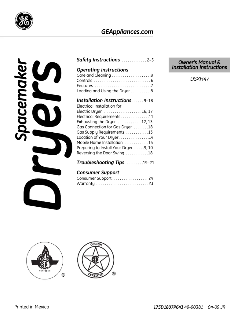 Page n°1 - Manuel d'utilisation et d'entretien GE DSXH47GGWW