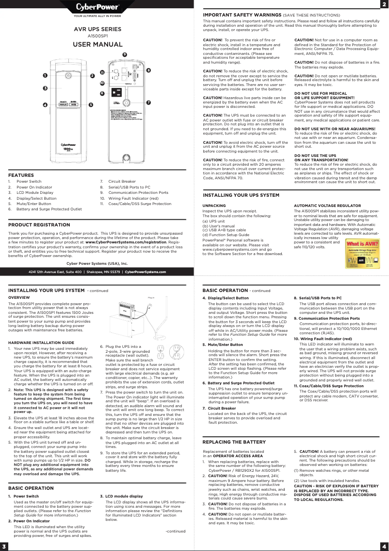 Page 1 de la notice Manuel utilisateur CyberPower A1500SP1