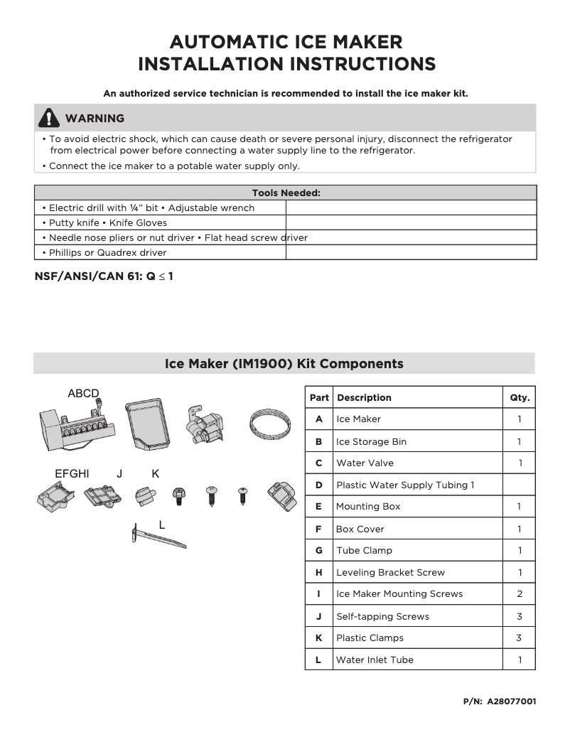 Page n°1 - Guide d'installation Frigidaire FRTE1622AB