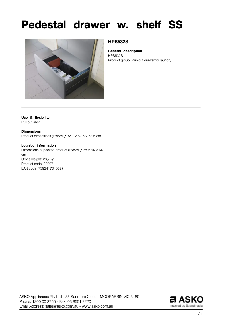 Page 1 de la notice Fiche technique Asko HPS532S