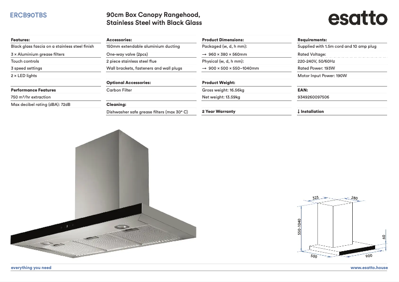 Page n°1 - Fiche technique Esatto ERCB90TBS