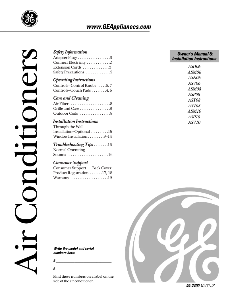 Page 1 de la notice Guide d'installation GE ASV10AB