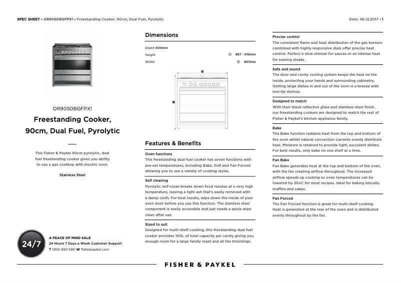 Page 1 de la notice Fiche technique Fisher & Paykel OR90SDBGFPX1
